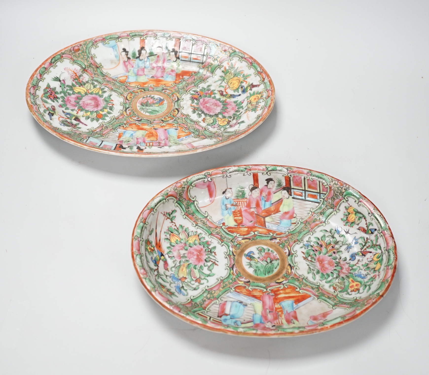 Two 19th century Chinese Canton export famille rose dishes, widest 28cm